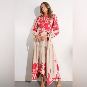 948. Floral Print Uneven Hem Belted Long Dress in Red Multi